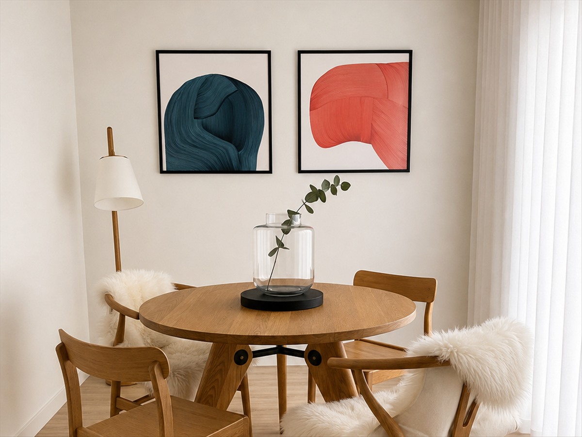Round oak dining table with wishbone chairs and abstract artwork — CKH Interiors