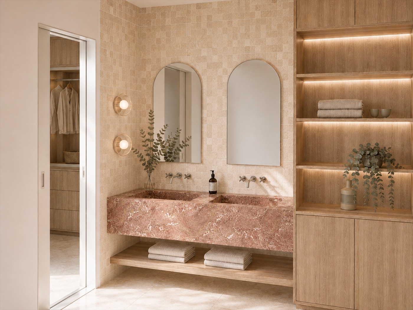 Ensuite bathroom with terrazzo vanity and arched mirrors — Mount Ommaney House, Brisbane, CKH Interiors