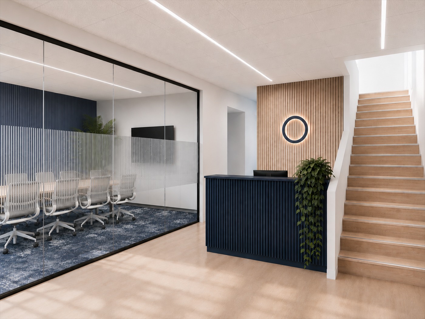 Office reception and meeting room with joinery and staircase — Bibra Lake Office, WA, CKH Interiors