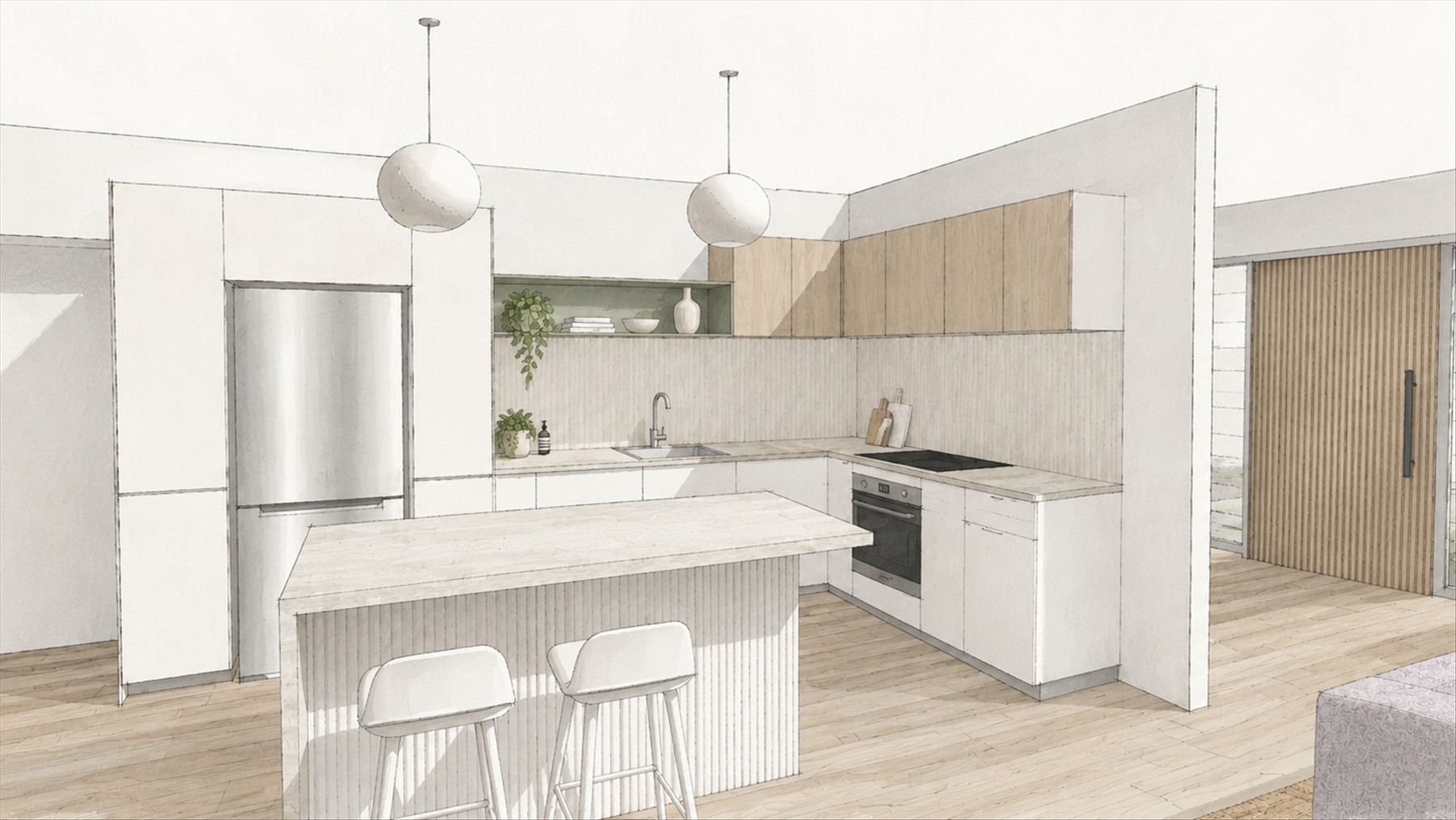 Hand-drawn concept sketch of a kitchen visualisation — CKH Interiors