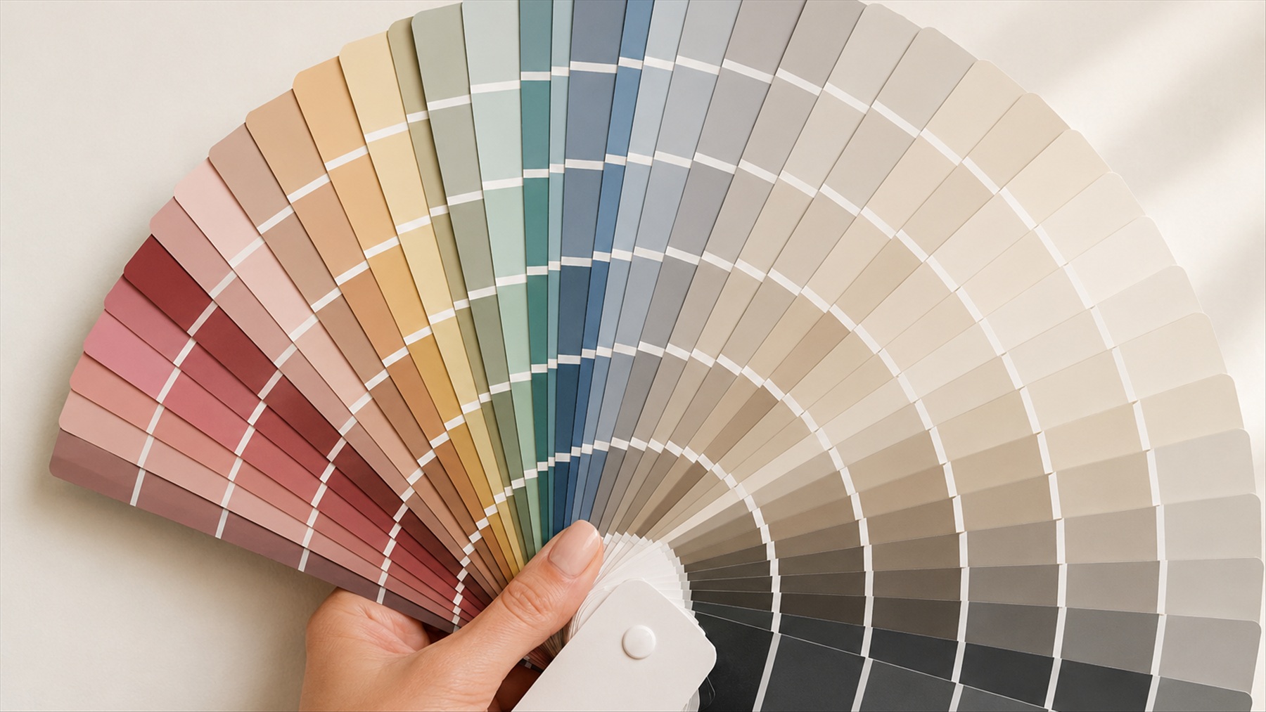 A hand holding an open fan deck of paint colours, showing material and finish selection — CKH Interiors