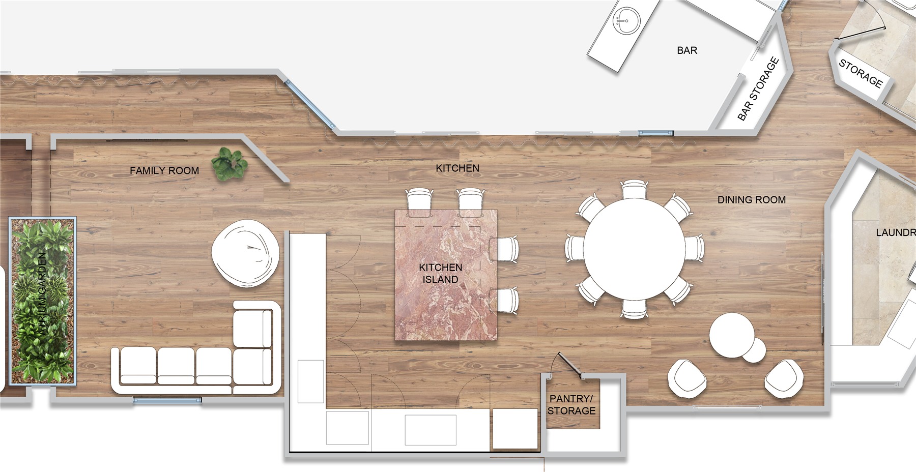 Concept floor plan showing the pool, sunken living room and kitchen layout — CKH Interiors