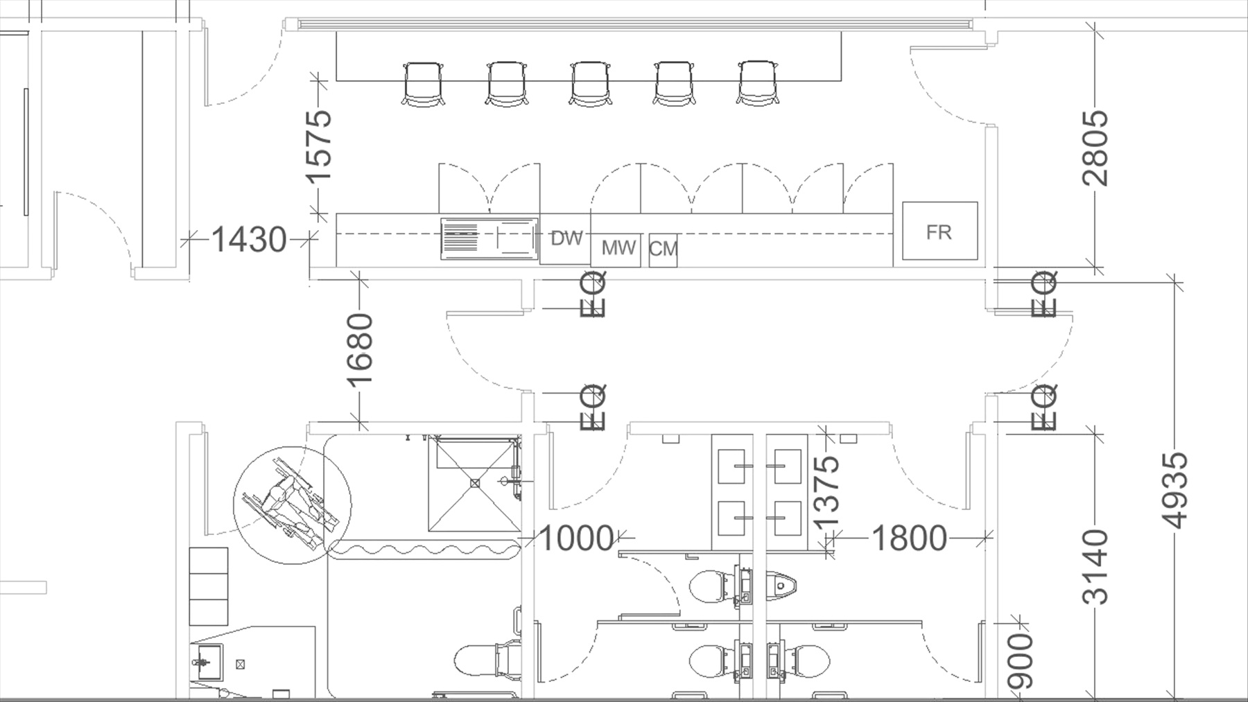 CAD floor plan showing kitchen joinery and bathroom layout with dimensions — CKH Interiors